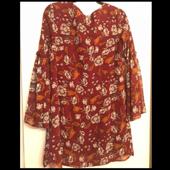 Xhilaration Burgundy Floral Bell Sleeve Mini Dress - Size M - Boho Chic - Picture 3 of 6
